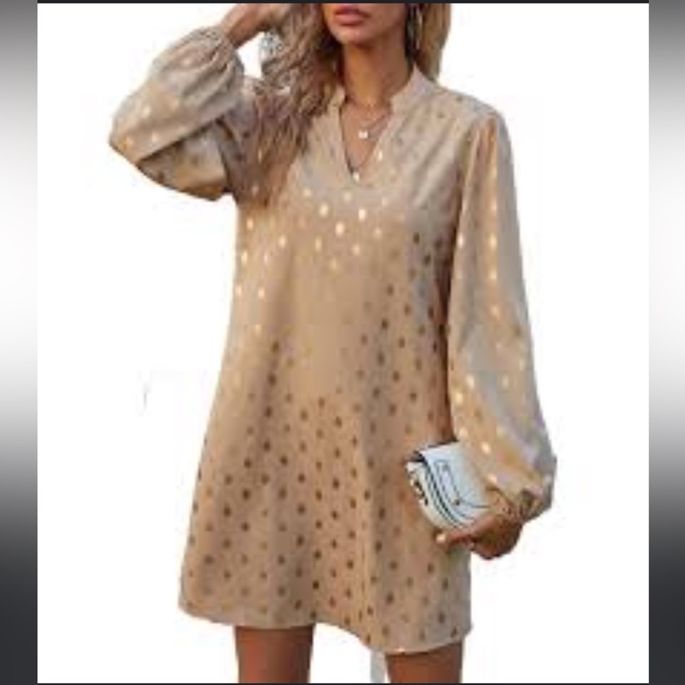 Elegant Polka Dot Notched V Neck Long Sleeve Tunic Dress Blouse modest layer - Picture 13 of 15